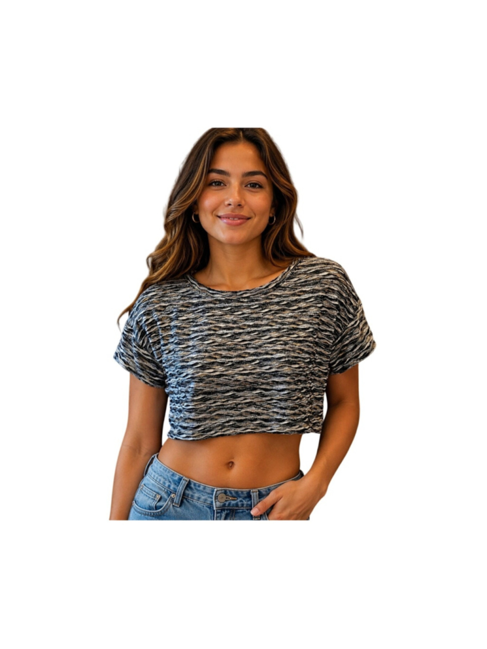 FP beach sz XS squiggle zip Zag shine knit slub oversized crop top NWOT summer